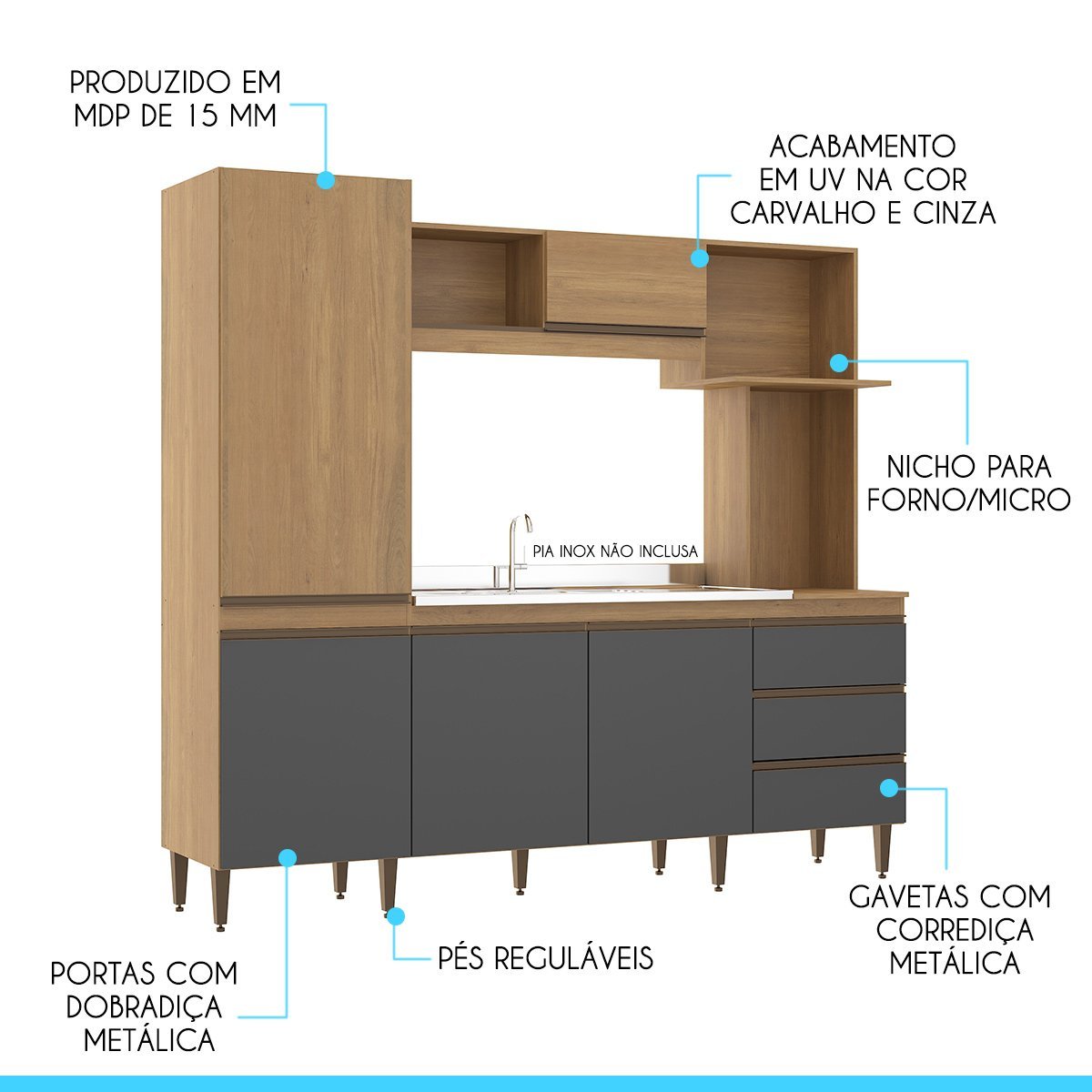 Cozinha Compacta com Bancada Ilha Balcão Armário MDP Carvalho 0318 MENU - 4