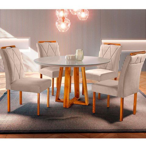 Conjunto Sala De Jantar Natalle Mesa Redonda 100 Cm E 4 Cadeiras Moveis Mix Mel/off White/ Bege