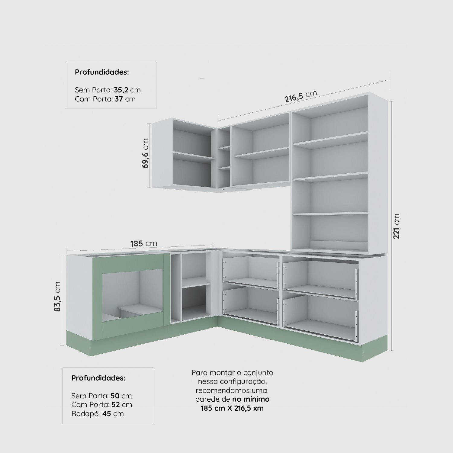 Cozinha Modulada 8 Peças 5 Balcões 2 Aéreos 1 Aéreo Alto sem Tampo Arizona Cabecasa Madeiramadeira - 3
