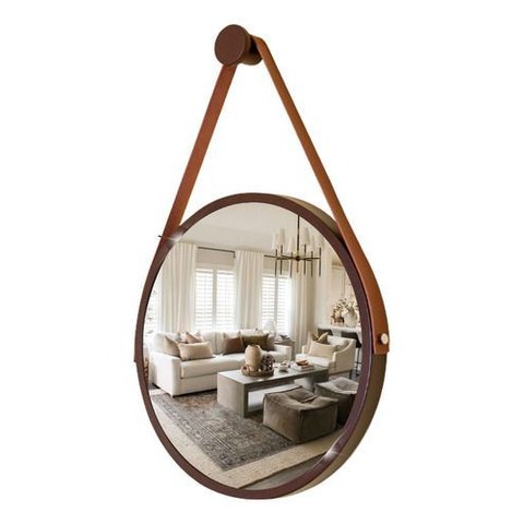 Espelho Redondo Adnet 40cm Suspenso Moderno Luxo - Marrom Alça Caramelo