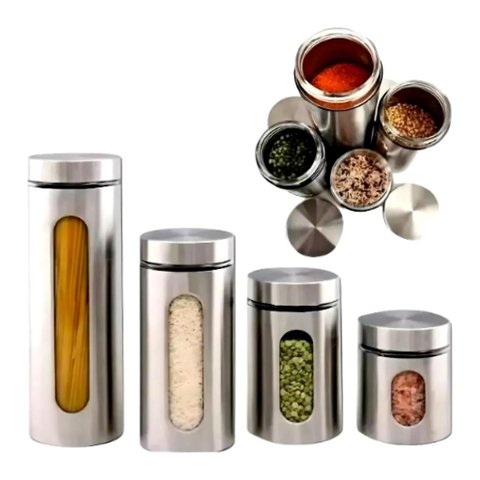 Kit Porta Mantimentos Inox com Visor Vidro 4 Potes Organizadores Cozinha Graos Cafe Acucar Multiuso