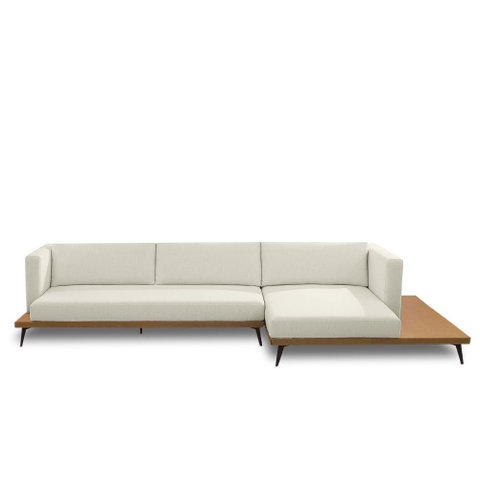 Sofá Sala de Estar Living Design Moderno 350cm Mesa Lateral Pés de Ferro Manacor Linho e Pu Bege/car