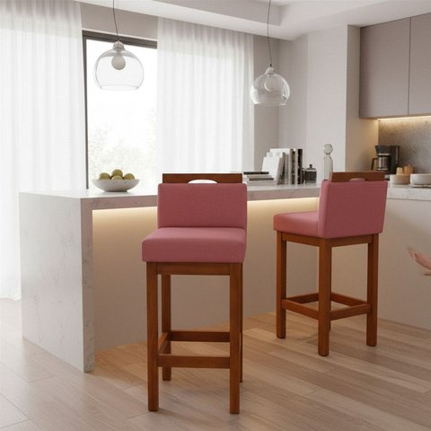 Banqueta Alta de Madeira Aurora Balcão Cozinha Bistro com Encosto Suede Rosa