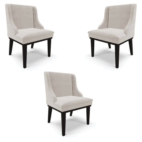 Kit 3 Cadeiras Decorativas Sala de Jantar Base Fixa de Madeira Firenze Veludo Cinza/Preto G19 - Gran