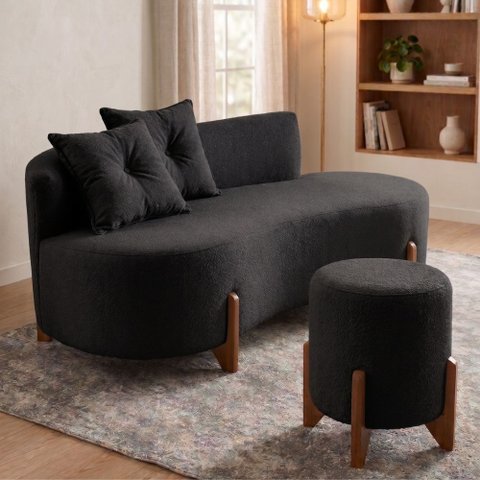 Conjunto Sofá Curvo Orgânico + 01 Puff Luna Boucle Preto - Montanaris Decor
