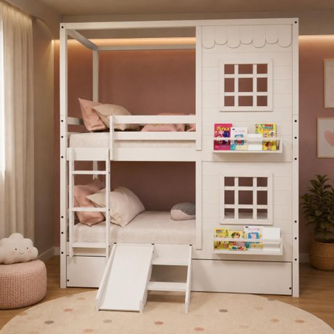 Treliche Infantil Casinha Reta com 02 Janelas e Escorregador Madeira Maciça Branco Megamobilia
