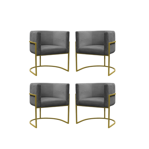 Kit 4 Poltrona Reforçadas Decorativa Sala de Estar Carla Base Ferro Dourada Suede Cinza