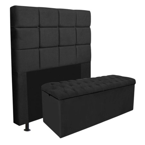 Kit Cabeceira + Calçadeira Baú Espanha 195cm King Size para Cama Box Suede Preto - Gat Magazine