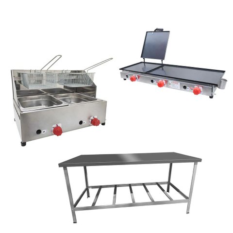 Kit Lanchonete Mesa de Manipulação 190x70cm + Fritadeira a Gás 2 Cuba + Chapa a Gás 90cm