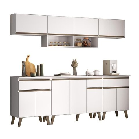 Cozinha Completa Atlanta Smart 6 Módulos MDP 225cm Branco Móveis Carraro