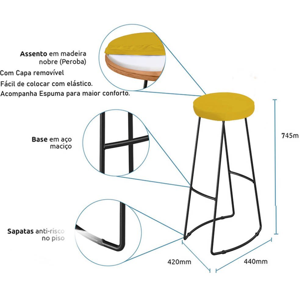 Kit 07 Banqueta Alta Lena Industrial Bar Balcão Bistrô Ferro e Madeira Maçiça Capa Corino Amarelo -  - 3