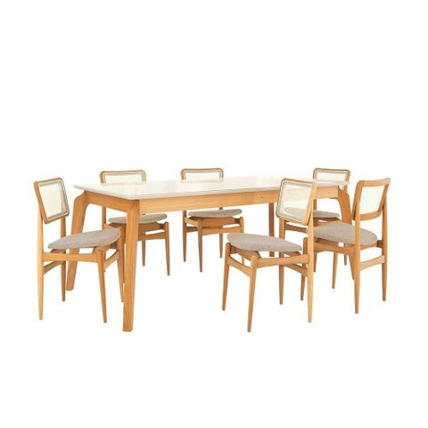 Mesa Cozinha Petra Premium Madeira Maciça c/ Tampo Madeirado c/ Vidro 200x100cm e 6 Cadeiras Stela