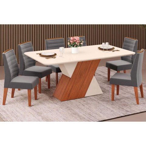 Sala de Jantar Completa Rubi Tampo Madeirado C/ Vidro Canto Reto 170x90cm e 6 Cadeiras Ondina Freijo
