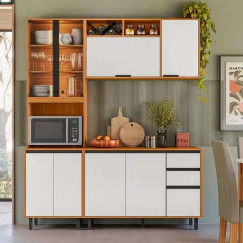 Cozinha Modulada Completa 3 Peças 9 Portas 2 Gavetas com Cristaleira Ravena Bege/Freijó/Off White Acetinado
