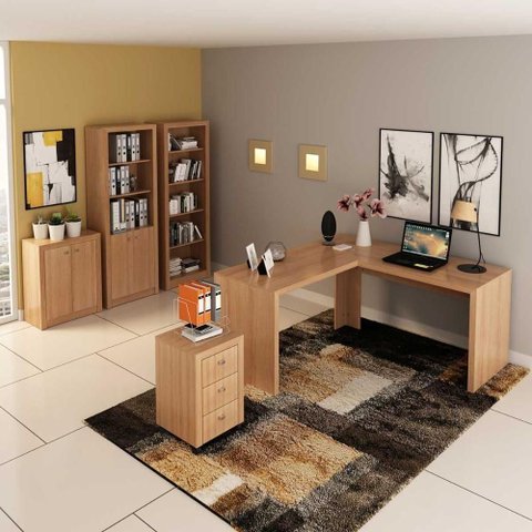 Kit para Escritório com Mesa em L Gaveteiro Balcão Estantes 4 Portas 3 Gavetas MDP Amêndoa Tecno