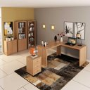 Ver imagem 1 de Kit para Escritório com Mesa em L Gaveteiro Balcão Estantes 4 Portas 3 Gavetas MDP Amêndoa Tecno