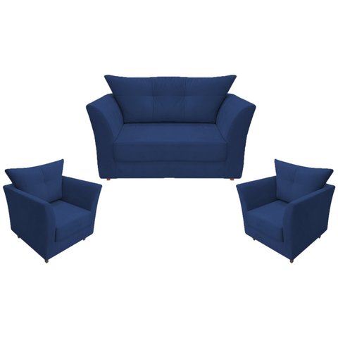 Kit Namoradeira + 2 Poltronas Decorativa Isis Suede Azul Marinho Pés Madeira Mz Decor