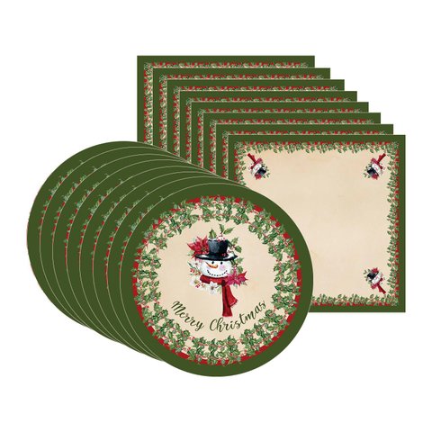 Kit Sousplat + Guardanapo Natal Boneco Neve/borda Verde - 8 Peças - sem Base
