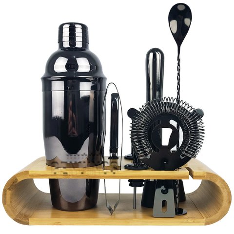 Coqueteleira Profissional com Acessórios em Aço Inox 750ml Kit Barman Base em Madeira - Black