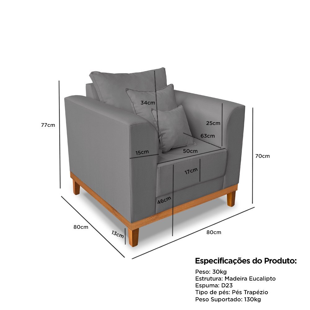 Kit Sofá 3 Lugares e 2 Poltronas Beny Viena Suede Cinza - Madeira Prima Deccor - 8