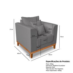 Kit Sofá 3 Lugares e 2 Poltronas Beny Viena Suede Cinza - Madeira Prima Deccor - 9