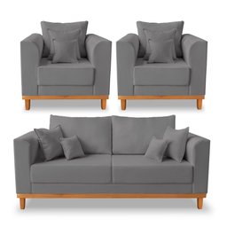 Kit Sofá 3 Lugares e 2 Poltronas Beny Viena Suede Cinza - Madeira Prima Deccor - 1