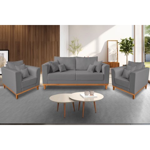 Kit Sofá 3 Lugares e 2 Poltronas Beny Viena Suede Cinza - Madeira Prima Deccor