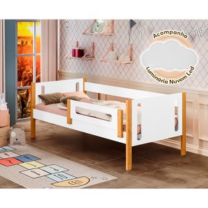 Cama de Solteiro Mirela Branco/Mel com Grade de Proteção + Luminária Led