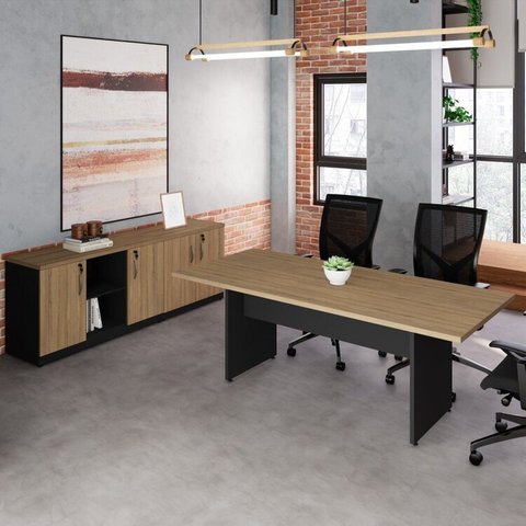 Conjunto Escritório com Mesa de Reunião 6 Lugares e 2 Armários Baixos com Chave Espresso Móveis Macadâmia Preto