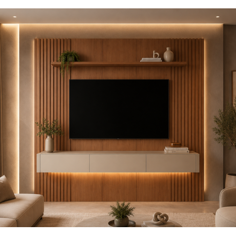 Painel Ripado Completo com Rack Luxor - Belaris Móveis:Naturalle Off White