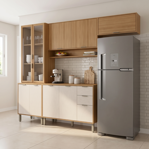 Cozinha Compacta Modulada 4 Peças 270cm 10 Portas e 2 Gavetas Colors Marrom Freijó/Nazca