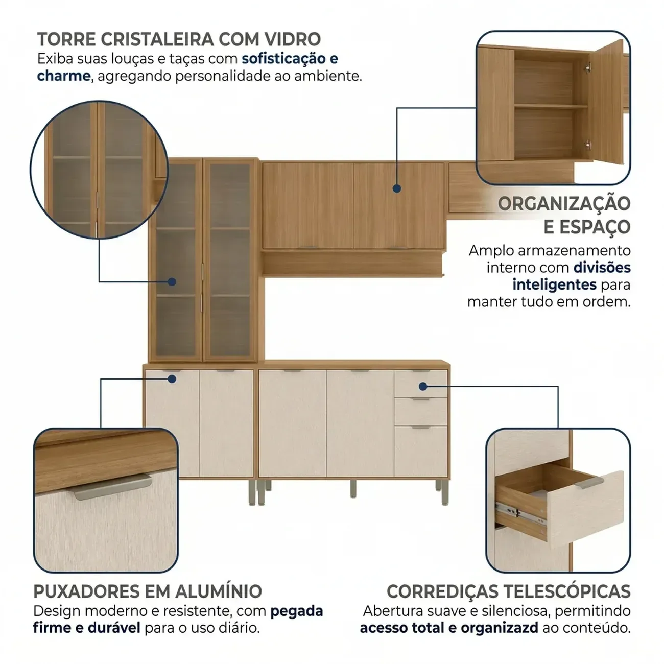 Ver imagem 5 de Cozinha Compacta Modulada 4 Peças 270cm 10 Portas e 2 Gavetas Colors Marrom Freijó/Nazca