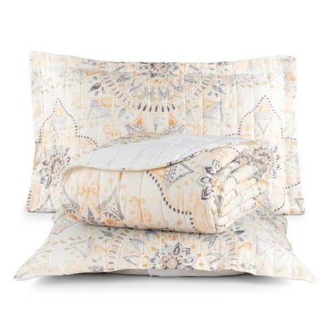 Kit Cobre Leito Karina Casal Micropercal 300 Fios Colcha Estampado 3 Peças Mandala