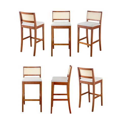 Kit 6 Banquetas com Encosto e Apoio para Pés Tiê CabeCasa MadeiraOriginals