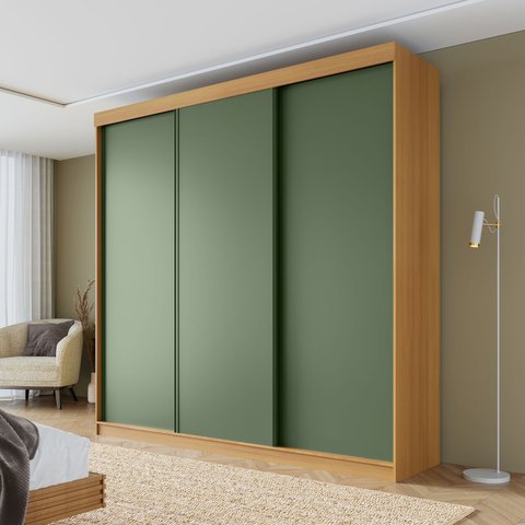 Guarda-Roupa Casal 3 Portas de Correr Lisas Samambaia CabeCasa MadeiraOriginals Marrom/Carvalho/Verde