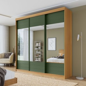 Guarda-roupa Casal 3 Portas de Correr Ripadas com Espelho Samambaia Cabecasa Madeiramadeira