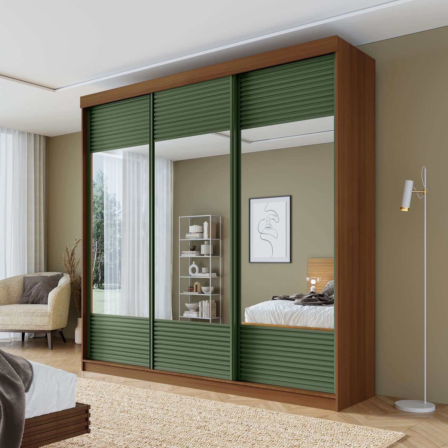 Guarda-roupa Casal 3 Portas de Correr Ripadas com Espelho Samambaia Cabecasa Madeiramadeira