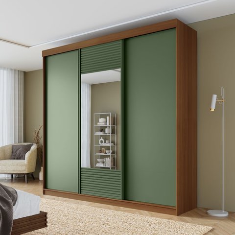 Guarda-Roupa Casal 3 Portas de Correr 1 Porta com Espelho Samambaia CabeCasa MadeiraOriginals Marrom/Freijó/Verde