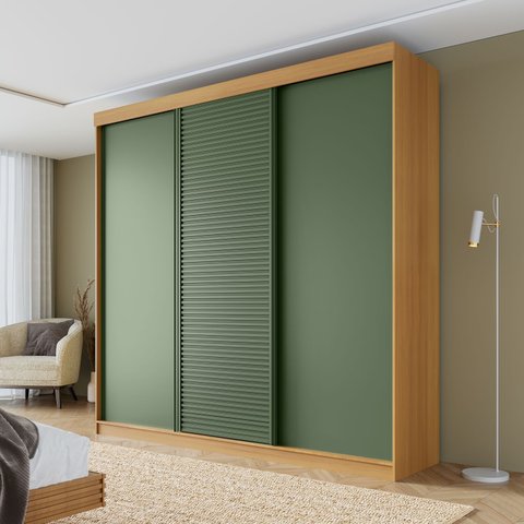 Guarda-Roupa Casal 3 Portas de Correr Samambaia CabeCasa MadeiraOriginals Marrom/Carvalho/Verde