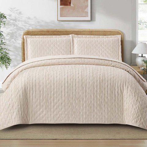 Kit Cobre Leito Elegance King Percal 300 Fios Colcha Matelassê Plissado 3 Peças Bege