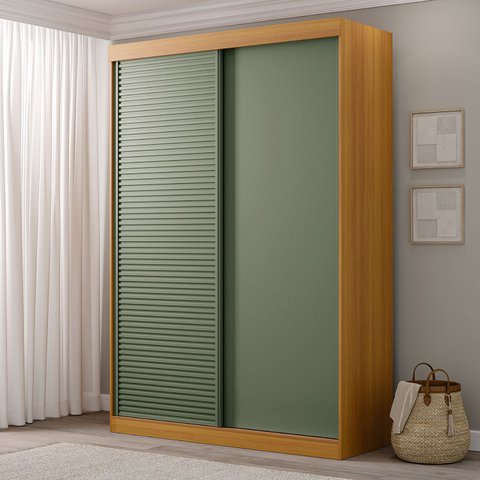 Guarda-Roupa Solteiro 2 Portas 1 Porta Ripada Samambaia CabeCasa MadeiraOriginals Marrom/Carvalho/Verde