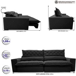 Sofá Retrátil e Reclinável 3.15m Molas Ensacadas Cama inBox Spazus com Bordado 3D Velusoft Preto - 3