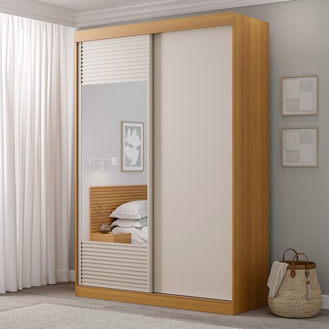 Guarda-Roupa Solteiro 2 Portas 1 Porta com Espelho Samambaia CabeCasa MadeiraOriginals Marrom/Carvalho/Off White