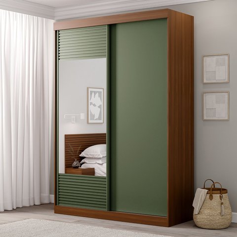 Guarda-Roupa Solteiro 2 Portas 1 Porta com Espelho Samambaia CabeCasa MadeiraOriginals Marrom/Freijó/Verde