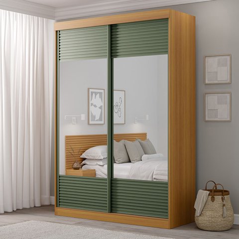 Guarda-Roupa Solteiro 2 Portas com Espelho Samambaia CabeCasa MadeiraOriginals Marrom/Carvalho/Verde