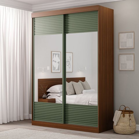Guarda-Roupa Solteiro 2 Portas com Espelho Samambaia CabeCasa MadeiraOriginals Marrom/Freijó/Verde
