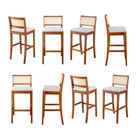 Kit 8 Banquetas com Encosto e Apoio para Pés Tiê CabeCasa MadeiraOriginals