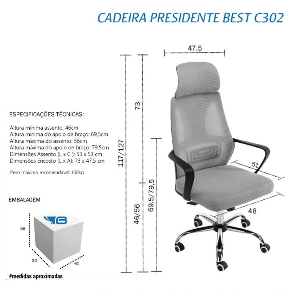 Cadeira Escritório Presidente Tela Mesh Anatômica Apoio de Cabeça Preta - 3