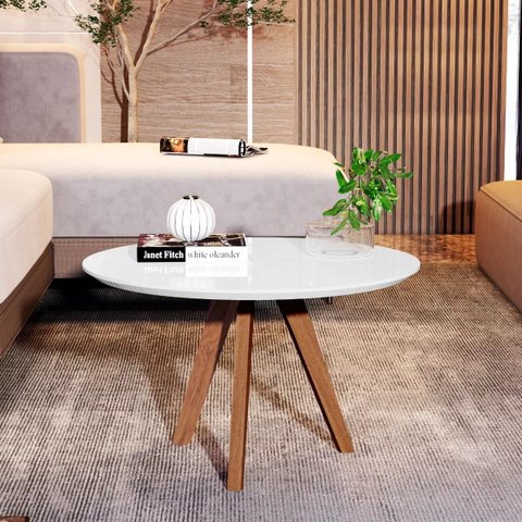 Mesa de Centro Dubai Redonda Decorativa Sala Estar Pés Madeira Branca