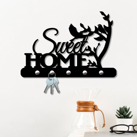 Porta Chaves de Parede 6mm Sweet Home Decorativo em MDF:PRETO